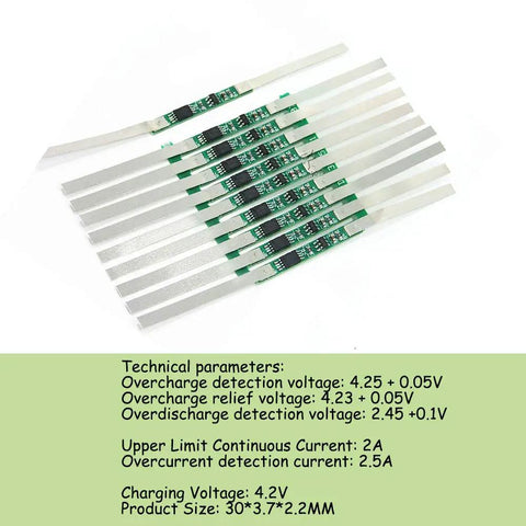Hella Reliable Ten Pack Of Three Amp BMS Boards For One Series Three Point Seven Volt Lithium Cells displaying ten safety boards for lithium batteries.