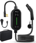 Plug And Play Portable EV Charger Level 1 And 2 With 21 Foot Cable Nema 14 50P Nacs Connector For Tesla Models 3 Y S X with display and accessories.