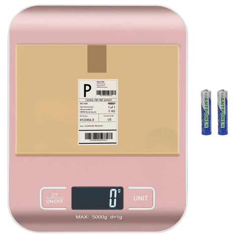 Pink digital shipping scale with stainless steel panel and batteries, weighing a package, 5kg by 1g precision