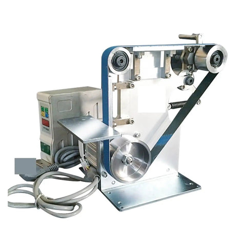 Rugged All Steel Belt Sander And Rock Polisher Gen Two Build With Quiet Brushless Motor Variable Speed Control Plus Forward Reverse Toggle, close-up showing steel construction and motor.