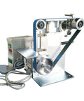 Brushless Electric Belt Sander And Grinder Featuring Adjustable Speed Plus Forward Reverse Functions Built Like A Tank For Jewelry Crafting And Workshop Sharpening Works Like A Boss in metallic color with steel body and attached power control.