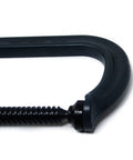 Beefy C Clamp With Eight And A Quarter Inch Opening And Four And Fifteen Sixteenths Inch Throat Delivers Six Thousand Nine Hundred Pound Clamping Force Drop Forged Frame ACME Rolled Spindle And V Grooved Anvil For Holding Rounds Squares And Flats Model, close-up of frame and spindle