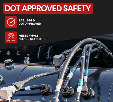 Three Eighths Inch Black Nylon Air Brake Tubing DOT Compliant SAE J844 on truck trailer system.