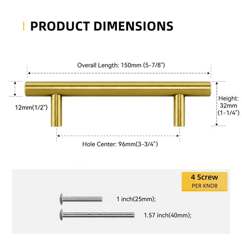 Dimensions of 50 Pack Brushed Brass Cabinet Pulls 3 3/4 Inch Long, Satin Gold Kitchen Drawer Handles, Durable Stainless Steel.