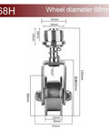 Built Tough 304 Stainless Steel Sliding Gate Caster Wheel Featuring Spring Shock Absorption Universal Rotating V Groove Pulley dimensions and details.