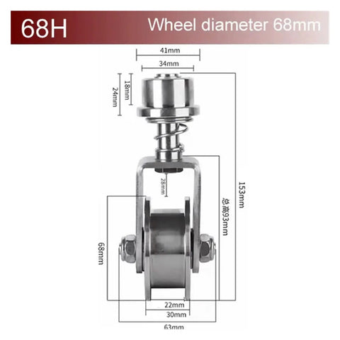 Built Tough 304 Stainless Steel Sliding Gate Caster Wheel Featuring Spring Shock Absorption Universal Rotating V Groove Pulley dimensions and details.