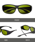 Kickass OD6 Plus Laser Safety Glasses With Rugged Black Frames And Sharp Green Tint Lenses providing legit eye protection, front, side, back views.