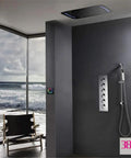 Kick Back From The Daily Grind With This Top Tier Thermostatic Chrome Shower System Featuring Bright LEDs Dual Outlet Design Rain And Handheld Heads Four Spray Modes Bathroom Mixer in modern bathroom setup.