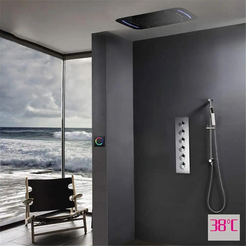 Kick Back From The Daily Grind With This Top Tier Thermostatic Chrome Shower System Featuring Bright LEDs Dual Outlet Design Rain And Handheld Heads Four Spray Modes Bathroom Mixer in modern bathroom setup.