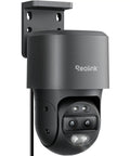 Power Over Ethernet PTZ Security Camera System with 4K dual lens shown in grey housing, mounted on wall, Next Level TrackMix PoE Home Surveillance.