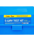 Blue case of Five Way Pool Test Kit for pH, Chlorine, Bromine, Alkalinity, DIY Water Testing with label details