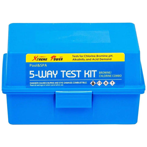 Blue case of Five Way Pool Test Kit for pH, Chlorine, Bromine, Alkalinity, DIY Water Testing with label details