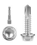 Kickass Heavy Duty Size Fourteen By One Inch Sheet Metal Screws Self Drill Through Panels Using Hex Washer Heads For Swift Bolt Down Work Crafted From Tough Four Hundred Ten Stainless Steel To Beat Rust Includes One Hundred Flat Flanged Fasteners In - stainless steel screw with hex washer head and drill bit