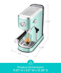 Compact Stainless Steel Espresso Machine With Powerful Steam Wand For Killer Lattes And Smooth Shots At Home in pastel green color, showcasing dimensions.
