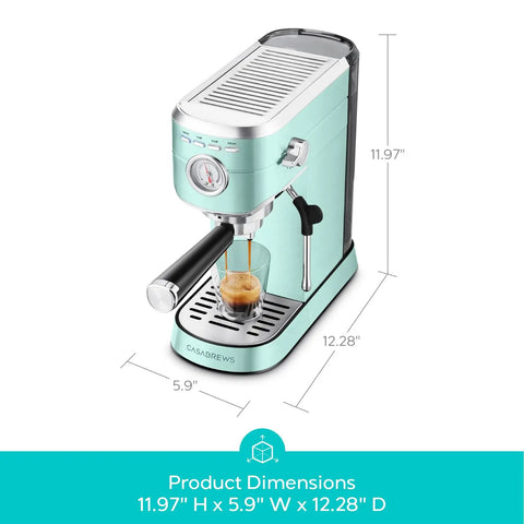 Compact Stainless Steel Espresso Machine With Powerful Steam Wand For Killer Lattes And Smooth Shots At Home in pastel green color, showcasing dimensions.