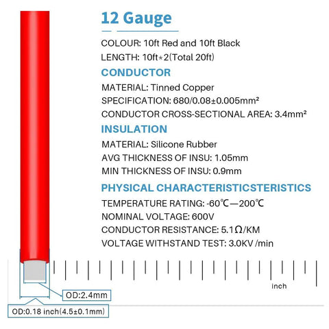 12 Gauge Silicone Wire Set Red And Black Flexible 20 Feet Total 12 AWG Stranded Tinned Copper Wire Ultra Soft Silicone Rubber with dimensions and specifications.
