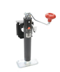Front view of a trailer jack, 2000 lb capacity, flange-mount top-wind with black post, red crank knob, and foot plate