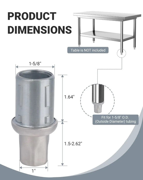Adjustable Bullet Feet For 1-5/8 Inch Tubing Outer Diameter, Stainless Steel Built Tough Heavy Duty Table Leg Levelers