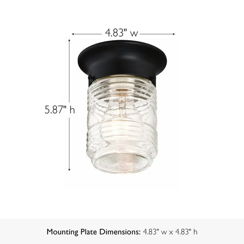 Jelly Jar Flush Mount Ceiling Light For Indoor And Outdoor Use, Matte Black Finish, Damp Rated, Dimmable, Ribbed Clear Glass, Weather-Resistant Steel, E26 Bulb, Dope For Porches, Sunrooms, And Entryways