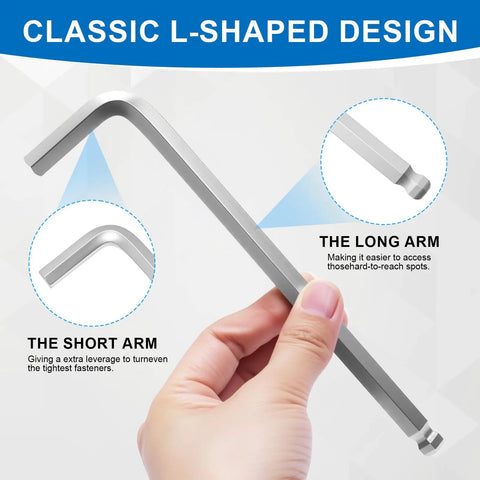Close-up of 9 Piece Ball End Hex Key Set in Chrome Vanadium Metric 1.5 To 10mm, showing L-shaped design and ergonomic grip.