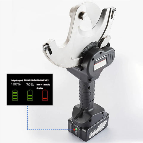 Heavy Duty Battery Powered Cable Cutter 75mm Ratchet Tool Kit With Charger, showing brushless motor and charge display, Black.