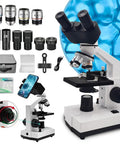 Student Grade Compound Binocular Microscope With 40X To 5000X High Magnification And Large Field Of View, complete kit display.