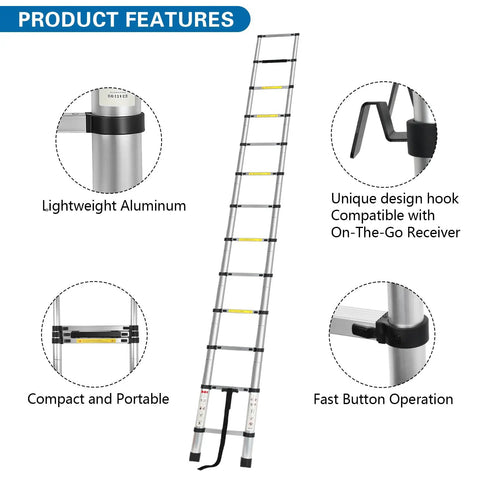 12.5 Foot Portable Aluminum Telescoping RV Ladder Heavy Duty, Rust Resistant, Fits Lippert On The Go Receiver, Easy Folding Design For Rooftop Access And Camp Life.