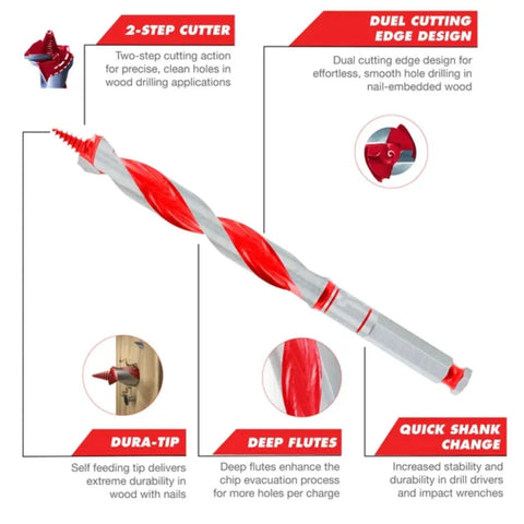 Image showing Auger Bit For Wood And Nail Embedded Wood With Two Step Cutting Action, showcasing dual cutting edge and Dura-Tip features.