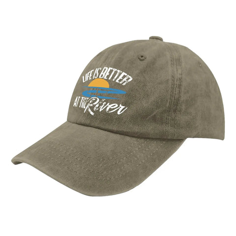 Life Is Better By The River Quote Baseball Hat For Men, Dope Camping Ready Cap with sunset graphic, soft curved brim.