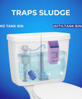 Infiniti Toilet Tank Tablet Holder with blue tablets inside toilet tank, showing no tank bin vs with tank bin view.