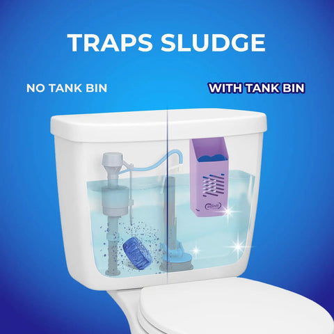 Infiniti Toilet Tank Tablet Holder with blue tablets inside toilet tank, showing no tank bin vs with tank bin view.