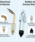 Eight Piece Grease Gun Tips Kit With Needle Nozzles Dispenser Lock And Lube Coupler Attachments Bearing Packer Elbow Adapters Zerk Fittings Cleaner For All One Eighth Inch NPT Small Spaces And Deep Holes product showing bent and rubber joint grease nozzles.