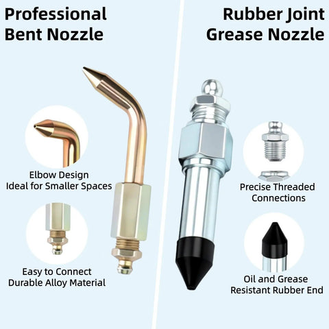 Eight Piece Grease Gun Tips Kit With Needle Nozzles Dispenser Lock And Lube Coupler Attachments Bearing Packer Elbow Adapters Zerk Fittings Cleaner For All One Eighth Inch NPT Small Spaces And Deep Holes product showing bent and rubber joint grease nozzles.