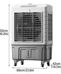 Portable Evaporative Air Cooler With Ice Packs And Water Tank, Three In One Swamp Cooling Unit For Room Or Office, Whisper Quiet Design, front view with dimensions.