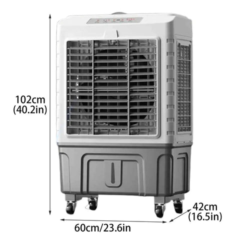 Portable Evaporative Air Cooler With Ice Packs And Water Tank, Three In One Swamp Cooling Unit For Room Or Office, Whisper Quiet Design, front view with dimensions.