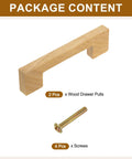 Package contents showing 4 Inch Hole Center Square Wood Drawer Pulls Set Of 2 With Screws Ash Wood Cabinet Handles and screws included