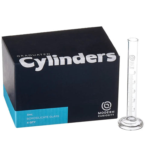 Top Shelf Borosilicate Glass Graduated Cylinders That Get The Job Done Fast In Any Lab Setup With Crisp Volume Readings For Chemistry Class And Science Fair Projects Five Ml Pack in a box with one cylinder visible.