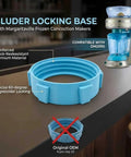 Locking Base Replacement For Frozen Concoction Makers, Reinforced Crack-Resistant Pitcher Bottom Cap, Leak-Proof Seal, Blue shown next to machine