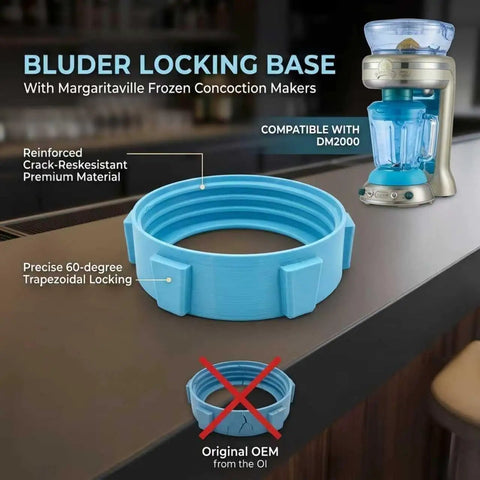 Leak Proof Reinforced Locking Base For Frozen Concoction Makers, Pitcher Bottom Cap Replacement in blue on counter with blender