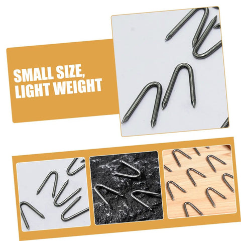 U Shaped Garden Stakes And Fence Nails 100 Pack For Fast Easy No Fuss Installation And Heavy Duty Fixes For Fences Anchors And Garden Decor Ideal For Large Area Projects DIY Landscaping, shown in various views and materials.