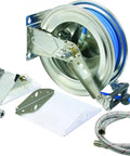 No Sweat Stainless Steel Dual Arm Hose Reel With Quick Disconnect Swivel Bracket Plus Sixty Five Foot Connector Hose and accessory parts.