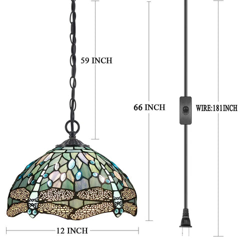 Tiffany Style Sea Blue Stained Glass Dragonfly Pendant Light Plug In 12 Inch Hanging Lamp With 32 Inch Chain And 15 Foot Cord UL Listed LED Ready For E26 Bulb Lit with measurements