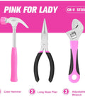 Pink 89 Piece Ladies Hand Tool Set With Easy Carry Round Pouch For Do It Yourself Home Maintenance And Dorm Room Repairs Girl Friendly Tool Kit For Everyday Projects showing claw hammer, long nose plier, and adjustable wrench