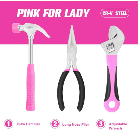 Pink 89 Piece Ladies Hand Tool Set With Easy Carry Round Pouch For Do It Yourself Home Maintenance And Dorm Room Repairs Girl Friendly Tool Kit For Everyday Projects showing claw hammer, long nose plier, and adjustable wrench