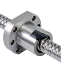 Close-up of stainless steel ball screw with ball nut end machined for high precision micro feed and super smooth motion long life C5 tolerance.