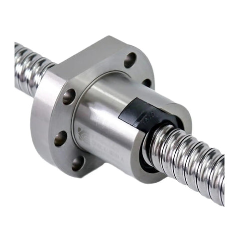 Close-up of stainless steel ball screw with ball nut end machined for high precision micro feed and super smooth motion long life C5 tolerance.