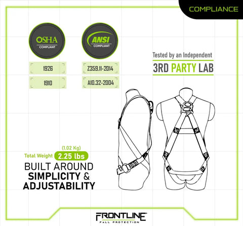 100VMB Combat Economy Full Body Harness Universal With Back D Ring 3 Point Adjustable Pass Thru Leg Straps OSHA ANSI Compliant