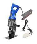 Electric Hydraulic Crimping Tool Makes Quick Work of Angle Iron, Channel Steel, and Stainless Steel for Photovoltaic Installs and Custom Fabrication with Precision Cutting Beveling and Short Groove Capabilities for Badass Project Results with a blue handle and foot pedal.
