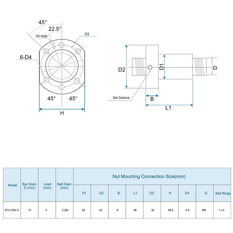 Technical diagram of Ball Screw SFU1204 12mm Diameter 4mm Lead 1200mm Long With Ball Screw Nut Anti Backlash CNC Kit dimensions.
