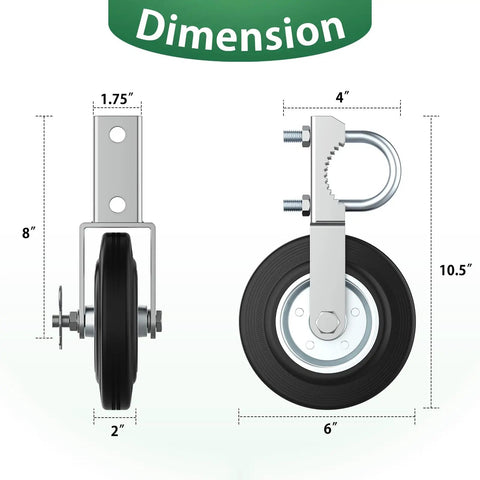 Dimensions of Heavy Duty Gate Wheels Two Pack Slick Support Casters For Metal Swing Gates, sizes 1.75" x 2" x 8" and 4" x 10.5".